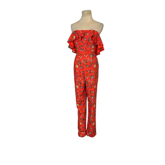Gianni Bini red green floral strapless ruffled jumpsuit size 6 - Picture 12 of 16